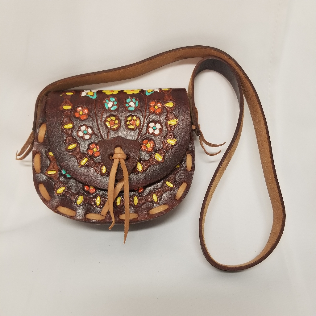 Hand Made Tooled Painted Brown Leather Crossbody Small Flap Purse Boho Festival